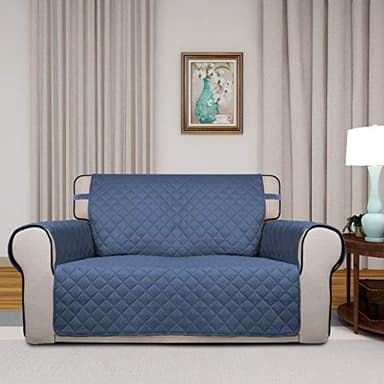 PureFit Reversible Quilted Sofa Cover, Water Resistant Slipcover Furniture Protector, Washable Couch Cover with Non Slip and Elastic Straps for Kids, Dogs, Pets (Loveseat, Dark Blue/Light Blue) - Image 2