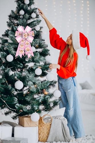 Blinket 2pcs Christmas Bows for Wreath, 8.46 inch 12.99 inch Pink and White Stripe With Gingerbread House Design, Wired Craft for Holiday Tree Topper, Front Door, and Indoor Decor - Image 4