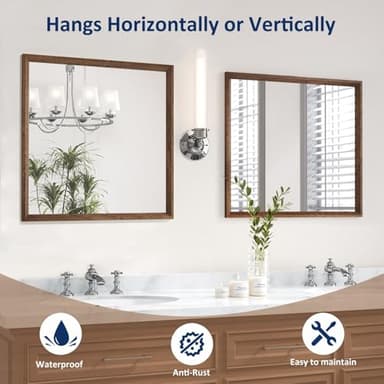 WEER Bathroom Mirror, 36x36 Inch Wall Mirror, Walnut Wood Grain Framed Mirror, Rectangle Vanity Mirror, Tempered Glass, Anti-Rust, Hangs Horizontally or Vertically - Image 5