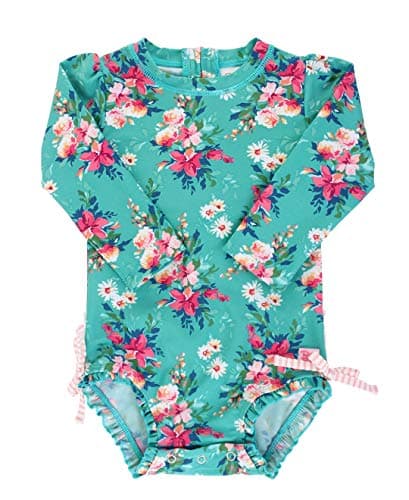 RuffleButts Baby Girls UPF 50+ Sun Protection Floral Printed Long Sleeve One Piece Rash Guard Swimsuit with Zipper - Fancy Me Floral, 3T - Image 1