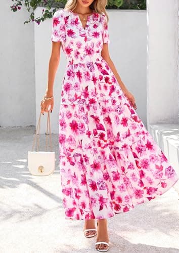 PRETTYGARDEN Women's 2025 Summer Boho Maxi Dresses Floral Short Sleeve V Neck A Line Tiered Flowy Long Beach Vacation Dress (White Pink Floral,Large) - Image 8