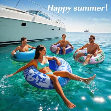 HeySplash Pool Tubes for Adult, 42 Inch Large Pool Floats with Handles, Inflatable Swim Rings Lounge, Hawaii Fun Swim Floaties Swimming Pool Beach Lake River Party Decoration Toys, Blue+White Leaves - Image 7