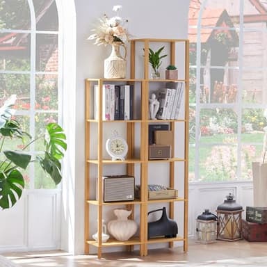 YUFAM 54in Tall Bookshelf 5-Tier Small Narrow Bookcase, Skinny Book Shelf for Small Space, Farmhouse Slim Shelf with Storage, Wood Freestanding Display Thin Bookshelves for Living Room, Natural - Image 4