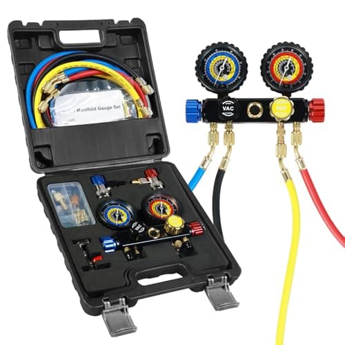 Jack Boss 4 Way AC Gauge Set for R410a R22 R134a Refrigerant, 4 Valve Automotive AC Manifold with 5ft Hoses, R410a Adapters - Image 1