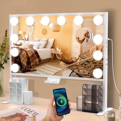 BESTOPE PRO Vanity Mirror with Lights, 23.6'' x 22.4'' Height Adjustable Makeup Hollywood Mirror with 3 Color Modes, 10X Magnification and 2 Storage Boxes, USB Charging Port, Phone Holder, Women Gifts - Image 1