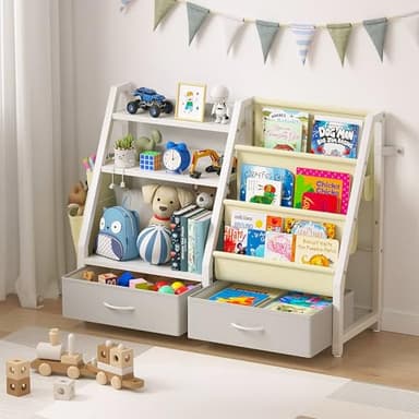 Twinkoo Kids Bookshelf and Toy Organizer, Sturdy 3 Tier Kids Bookcase, Sling Bookshelf and 2 Toy Bins, Toddler Montessori Book Shelf with Toy Storage Organizer for Children Room, Playroom, Nursery - Image 8