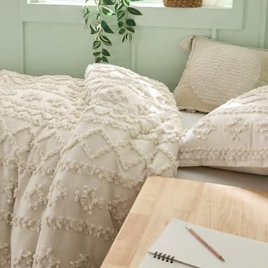 Bedsure Tufted Boho Comforter Set Twin Size - Beige Boho Bed Set, GentleSoft™ 2 Pieces Farmhouse Shabby Chic Embroidery Bedding, Gifts for Woman, Soft Jacquard Twin Comforter for All Seasons - Image 3