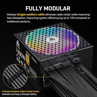 Auotac 1000W Fully Modular Power Supply 80+ Gold Certified with 12V-2x6 Cable – ATX 3.1 & PCIe 5.1 Compliant, 140mm RGB Low-Noise Smart Fan, 105℃-Rated Capacitors, Black - Image 5
