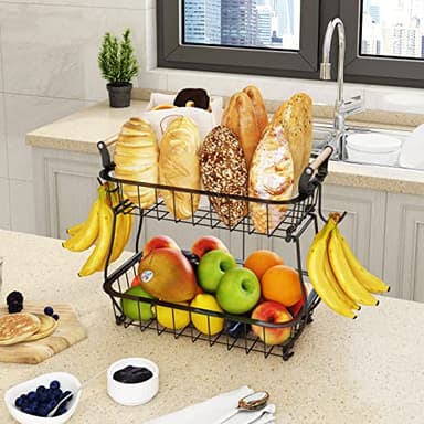 ANTOPY 2 Tier Fruit Basket with 2 Banana Hangers, Countertop Fruit Vegetable Basket Bowl for Kitchen Counter Metal Wire Fruits Storage Stand Holder Organizer for Bread Snack Veggies Produce - Image 2