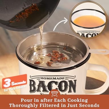 Bacon Grease Container with Strainer - With Food-Grade Silicone Spatula, 24oz Enamel Rustic Farmhouse Fat Container, Keeper, Recipes, Dishwasher Safe - Image 4