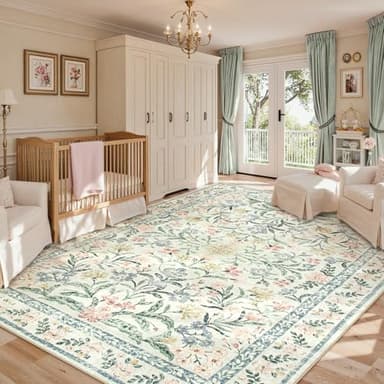 Lahome Boho Washable Girls Bedroom Rugs 9x12, Beige Cream Floral Large Area Rugs for Bedroom, Soft Non-Slip Thin Carpet for Nursery Kids Playroom Dining Room Home, Beige - Image 2