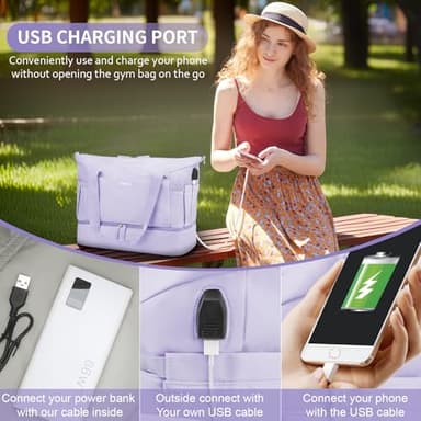 ETRONIK Gym Bag for Women, Travel Duffel Bag with USB Charging Port, Weekender Overnight Bag with Wet Pocket and Shoes Compartment for Women, Travel, Gym, Yoga (Purple) - Image 6