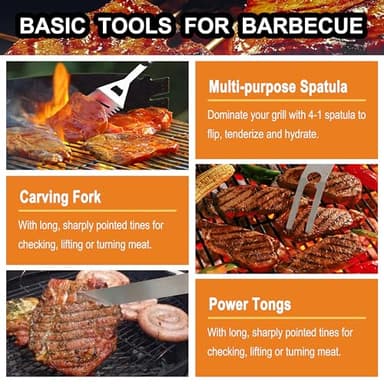 Grilljoy 24PCS BBQ Grill Tools Set with Meat Thermometer and Injector - Extra Thick Stainless Steel Fork, Spatula& Tongs - Complete BBQ Accessories in Aluminum Case - Perfect Grill Gifts for Men - Image 4