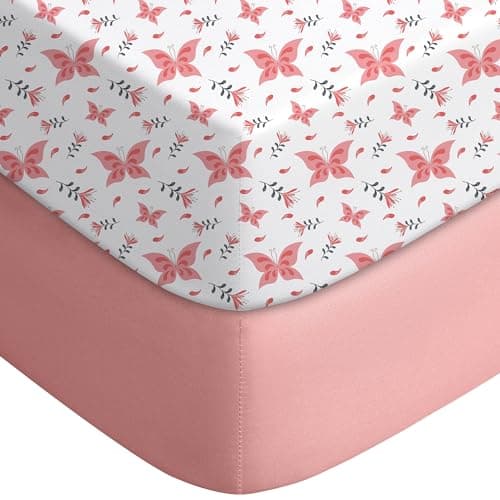 Yoofoss Baby Crib Sheets for Boys Girls, Fitted Crib Sheet 2 Pack for Standard Crib and Toddler Mattress, Super Soft Microfiber Baby Sheet 28x52x8in Pink + Butterflies - Image 1