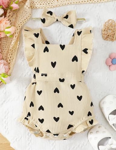 Fullfamous Infant Baby Girl Clothes Outfits Romper Spring Summer Clothing Onesie Bodysuit Jumpsuit ropa de bebe niña Ecru with Heart 0-3 Months - Image 2