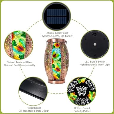 Twirleternity 2PCS Butterfly Outdoor Solar Lanterns Glass & Metal Tabletop Lamp with Hollowed-Out Design Waterproof Hanging Light for Garden Patio Mother's Day Gift, 7" W x 15.3" H - Image 3