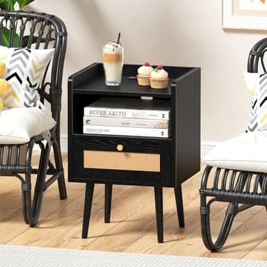 Night stand Set of 2, Bedside Tables with Charging Station, Rattan End Tables, Bed Side Tables, Wood Nightstands set of 2 for Farmhouse Kids' Room Bedroom Living Room Dorm Sofa Office Corner(Black) - Image 8