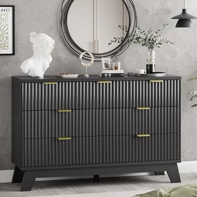 Fluted Dresser for Bedroom with 7 Drawers, 48" Wide Modern Chest of Drawers with Metal Handle, Wooden Dresser TV Stand, Wood Closet Clothes Storage Organizer for Living Room, Hallway, Black - Image 1