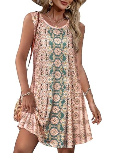 Sundress for Women Floral Bohemian Dress Sleeveless Loose Aline Beach Cover Up(Pink Boho Flower,L) - Image 1