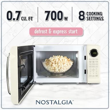 Nostalgia Retro 700W Microwave Oven 0.7 Cu Ft Capacity – Child Safety Lock, 8 Auto-Cook Settings – Countertop Kitchen Appliance – Ivory - Image 2