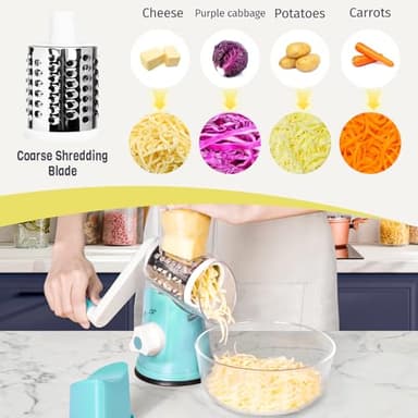 X Home Rotary Cheese Grater for Kitchen, Shredder with 3 Interchangeable Blades, Rotary Grater with Handle and Strong Suction Base, for Vegetables, Fruit, Nuts, Easy to Use and Clean, Blue - Image 4