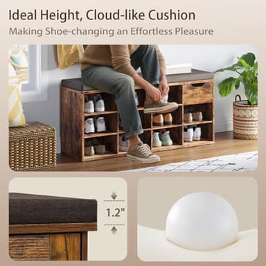 DINZI LVJ Shoe Storage Bench with Cushion, Cubby Shoe Rack with 12 Cubbies, Adjustable Shelves, Multifunctional Shoe Organizer Bench for Entryway, Mudroom, Hallway, Closet and Garage, Rustic Brown - Image 5