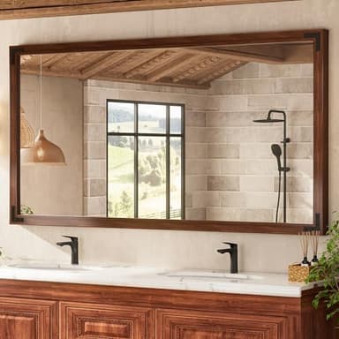TETOTE 72 x 36 Walnut Wood Mirror for Bathroom Wall/Bedroom/Living Room/Entryway Farmhouse Rustic Bathroom Vanity Mirror Waterproof (Horizontal/Vertical Mounted - Image 3
