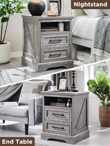 ACCOHOHO 18" Farmhouse Nightstand with Charging Station,End Table with 2 Drawers Storage,Side Table,Bedside Cabinet for Bedroom,Living Room,Grey - Image 7