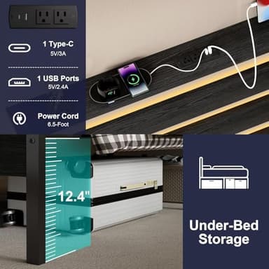 J.Fkne Twin Bed Frame with LED Lights & Charging Station, Storage Headboard, Heavy Duty Metal Slats, No Box Spring Needed, Noise-Free, Easy Assembly, Black - Image 5