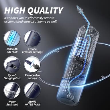 Ear Wax Removal - Electric Ear Irrigation Flushing System, Water Powered Ear Cleaner with 4 Pressure Modes, Safe and Effective Ear Cleaning Tool, Water Resistant USB Rechargeable (Blue) - Image 3