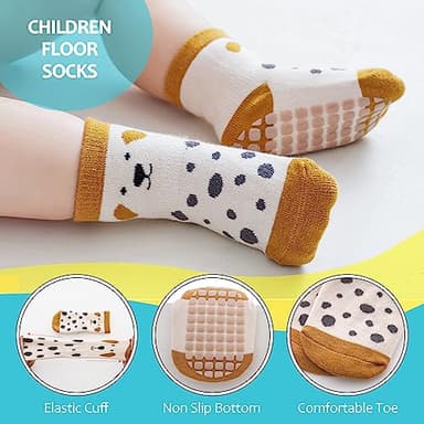 TRUEHAN 5 Pairs Toddler Non Slip Socks with Grips Baby Socks for Kids Girls Boys （5 Pairs Stripe Animal Combinations，6-12 months） - Image 5