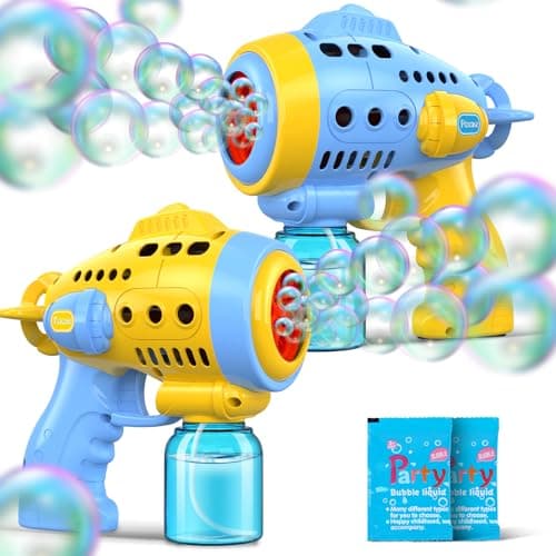 2 Bubble Gun with 2 Pack Refill Solution, 360° Leak-Proof Bubble Machine for Toddlers, Automatic Bubble Guns for Kids, Easter Basket Stuffers, Party Favors, Birthday Gift (Yellow-Blue) - Image 1