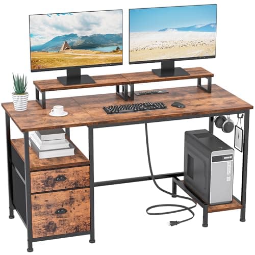 Furologee 47" Computer Desk with File Cabinet and Power Outlets, Home Office Desk with 2 Monitor Stands and Storage Drawer, Writing Gaming Table with Shelves and 2 Hooks for Bedroom, Rustic Brown - Image 1