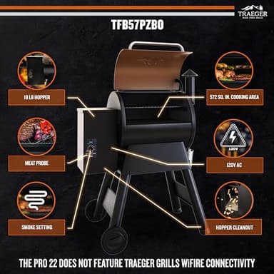 Traeger Grills Pro 22 Wood Pellet Grill & Smoker, Electric Pellet Smoker Grill Combo, 6-in-1 BBQ Versatility, 572 sq. in. Grilling Capacity, Meat Probe, 450 Degree Max Temperature, 18LB Hopper, Bronze - Image 4