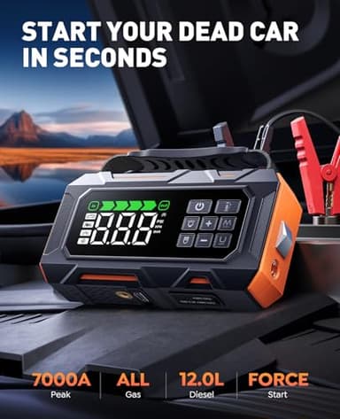 14-in-1 Car Jump Starter, 7000A Jump Starter Jump Box (All Gas 12L Diesel), Jumper Cables Jumper Starter Portable with Air Compressor 160PSI, Car Roadside Emergency Kit, Tow Rope, Gloves, Lights - Image 2