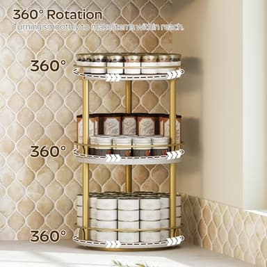 Yatiney 3-Tier Lazy Susan, Rotating Spice Rack, Spinning Organizer, Industrial Turntable Spice Rack for Cabinet, Kitchen Countertop, Pantry, White and Gold SR23DW - Image 2