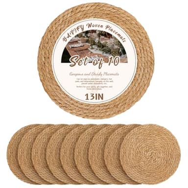13 in Round Woven Placemats Plate Chargers Set of 10, Boho Farmhouse Rustic Woven Place Mats for Dining Table Decor, Rattan Wicker Table Mats Jute Braided Chargers for Dinner Plates - Image 1