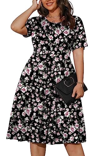 POSESHE Womens Plus Size Dress Summer Short Sleeve Casual 2024 Round Neck Dress with Pockets,Black Pink Floral,2XL - Image 1