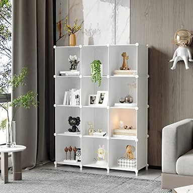 AWTATOS Cube Storage Organizer Storage 12 Cube Bookshelf DIY Plastic Closet Clothes Storage Shelves with Wooden Mallet, Stackable Storage Solution for Home, Bedroom, White - Image 2