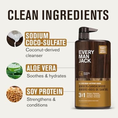Every Man Jack Amber + Sandalwood Hydrating Mens 3-in-1 All Over Wash for All Skin and Hair Types - Body Wash, Shampoo and Conditioner with Naturally Derived Ingredients - 28.8oz (2 Pack) - Image 5