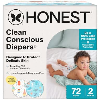 The Honest Company Clean Conscious Diapers for Delicate Skin | Up to 100% Leakproof | Hypoallergenic, Fragrance Free | Summer '25 Limited Edition Prints | Club Box, Size 2 (12-18 lbs), 72 Count - Image 1