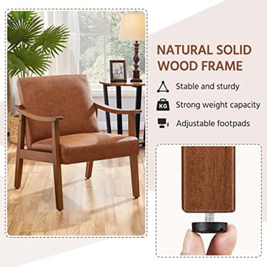 Yaheetech PU Leather Accent Chair, Mid-Century Modern Armchair with Solid Wood Legs, Reading Leisure Chair with High Back for Living Room Bedroom Waiting Room, Light Brown - Image 6