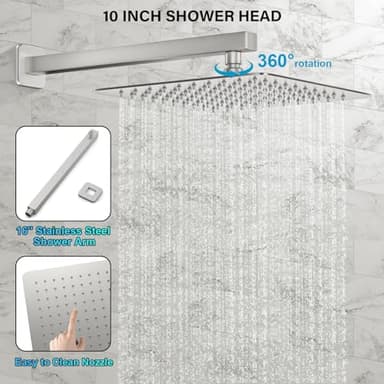 FPXRNG Shower Faucet Set Bathroom Square Rain Shower Head and Handle Set, Wall Mounted Shower Fixtures, Full Metal Trim Repair Kit 10 inch Brushed Nickel (With Shower Valve) - Image 4