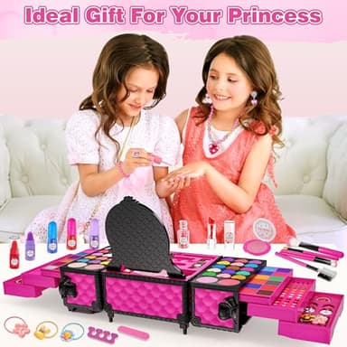 99 Pcs Kids Makeup Kit for Girls, Princess Toys Real Washable Cosmetics Set with Mirror, Hair Ties, Nails, Rings, Earrings, Necklace, Perfect for 3 4 5 6 7 8 Year Old Girls Birthday - Image 7