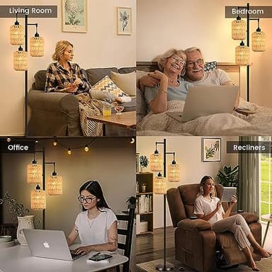 QIYIZM Floor Lamp for Living Room,Bedroom,3-Lights Boho Rattan Tree Floor Lights,Industrial Black Farmhouse Standing Lamp Wicker Rustic Tall Lamp,Woven Bamboo LampShade Floor Lamps Bohemian - Image 7