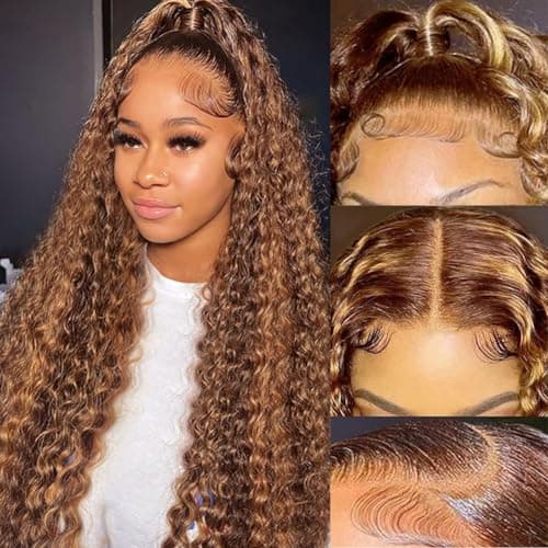 Kdmidun Ombre Highlight Deep Wave Lace Front Wigs Human Hair P4/27 13x6 Curly Frontal Wigs for Women Glueless Honey Blonde Curly Wigs Pre Plucked (13x6 highlight deep wave wig, 30 Inch) - Image 1