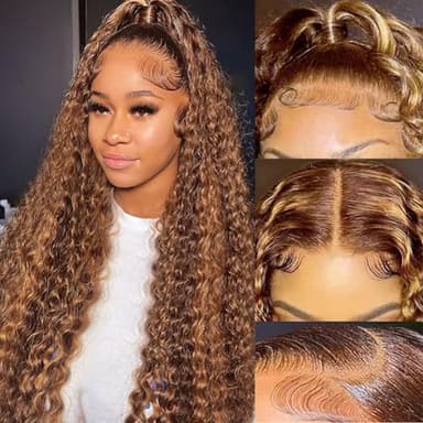 Kdmidun Ombre Highlight Deep Wave Lace Front Wigs Human Hair P4/27 13x6 Curly Frontal Wigs for Women Glueless Honey Blonde Curly Wigs Pre Plucked (13x6 highlight deep wave wig, 30 Inch) - Image 1