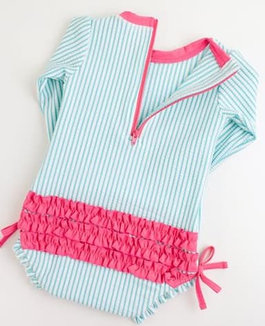 RuffleButts Bright Aqua Seersucker Long Sleeve One Piece Rash Guard - 3-6m - Image 4