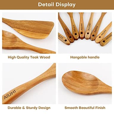 AIUHI Wood Spoons for Cooking, Nonstick Kitchen Utensil Set, Wooden Spoons Cooking Utensil Set Non Scratch Natural Teak Wooden Utensils for Cooking (Teak 8 Pack) - Image 5