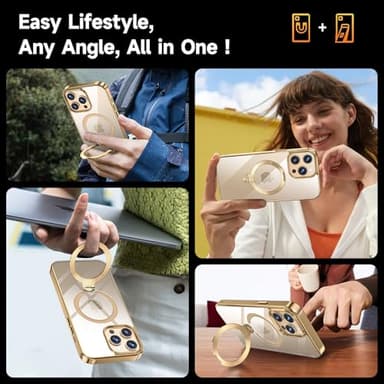 [Tri-Shield Protection] for iPhone 15 Pro Max Case with 360° Spin Stand Compatible with MagSafe [Magnetic CD Ring] [Screen & Camera Lens Protector] Shockproof Plating Never-Yellowing, Gold-6.7" - Image 7